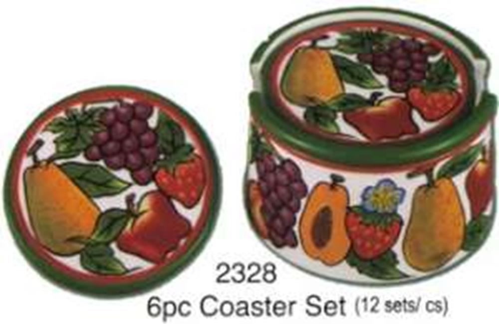 Round ceramic coasters with colorful fruit designs including grapes, pears, and apples on a white background.