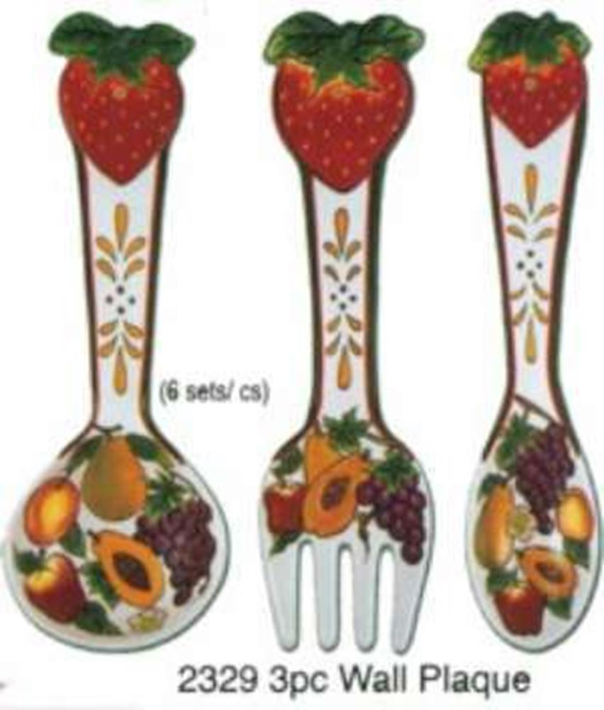 Three decorative fruit-themed wall plaques shaped like elongated spoons, each featuring a red strawberry top and colorful.
