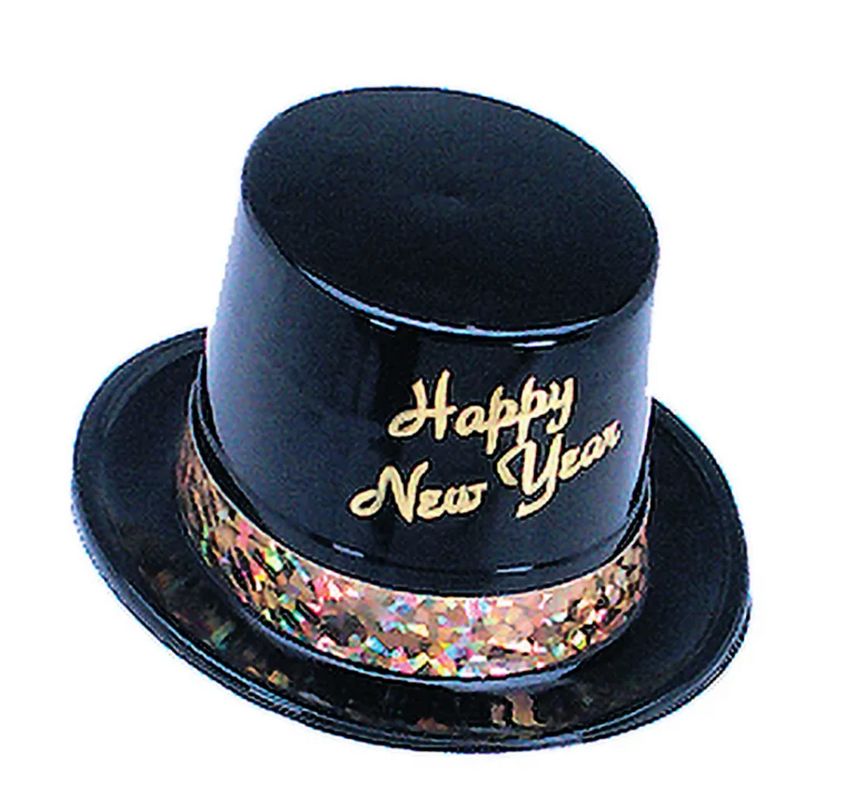 Black Top Hat with Gold Prismatic Band and Happy New Year