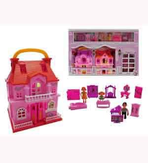 Pink and red plastic toy dollhouse with miniature furniture and figurines, separate packaging box visible.
