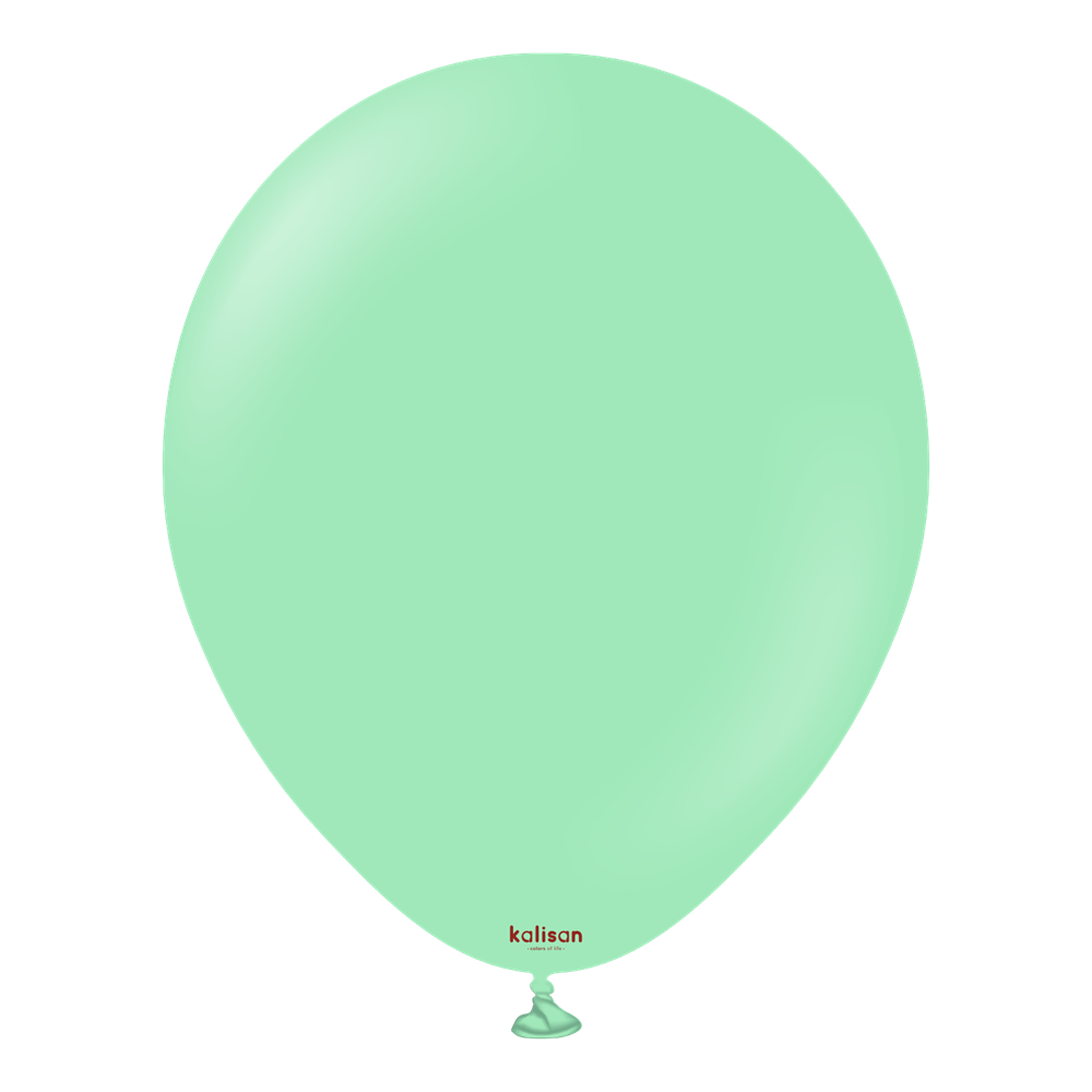 Mint green latex balloon, 18-inch round shape, smooth surface, inflated and tied at the bottom.