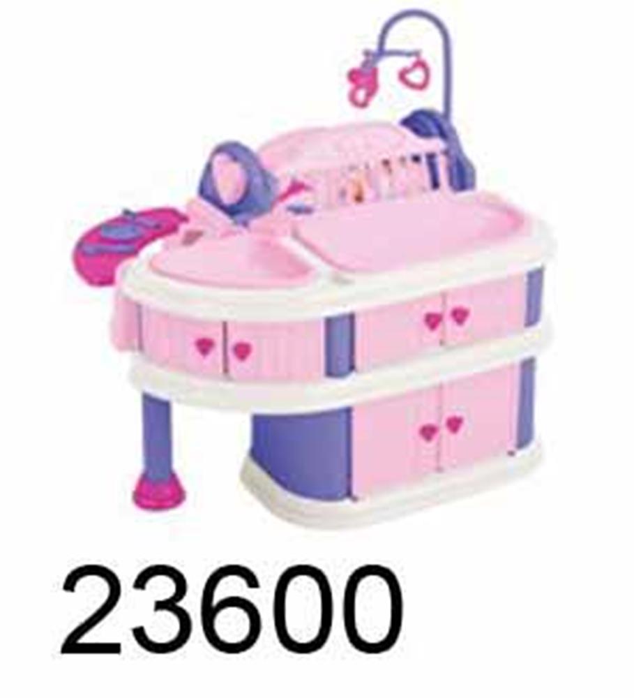 Pink and purple plastic doll care center with heart details, cradle, and storage compartments.
