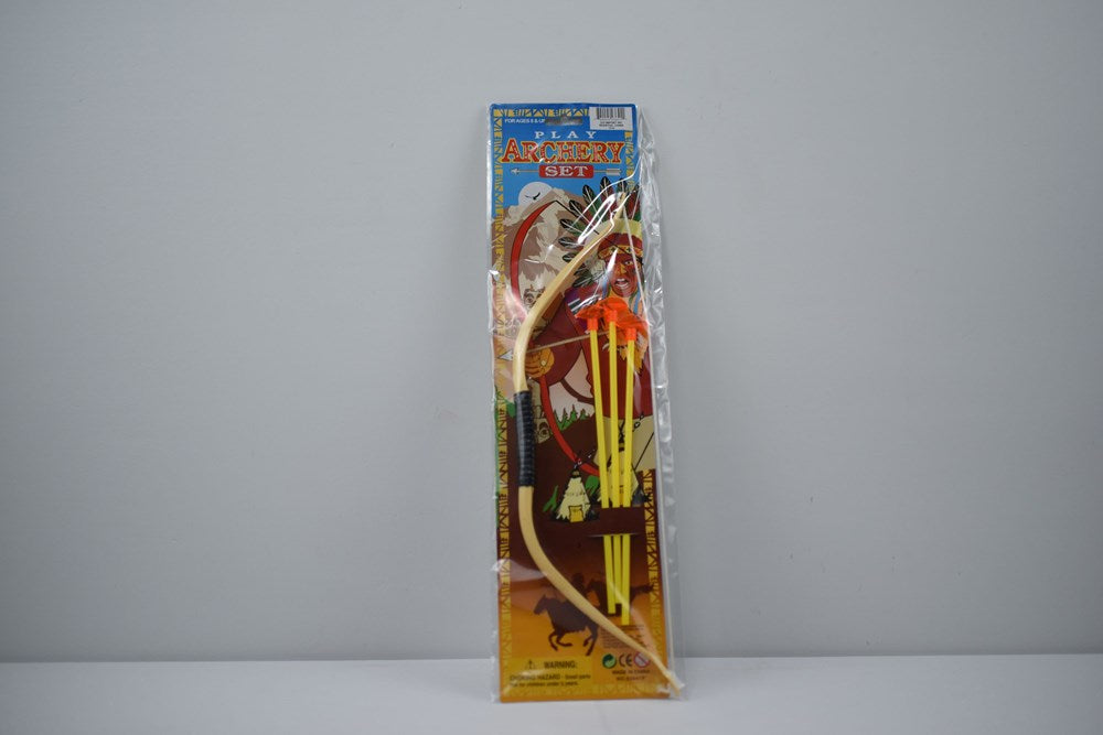 16-inch plastic archery play set with red and brown bow, three yellow suction-cup arrows, and a black quiver.