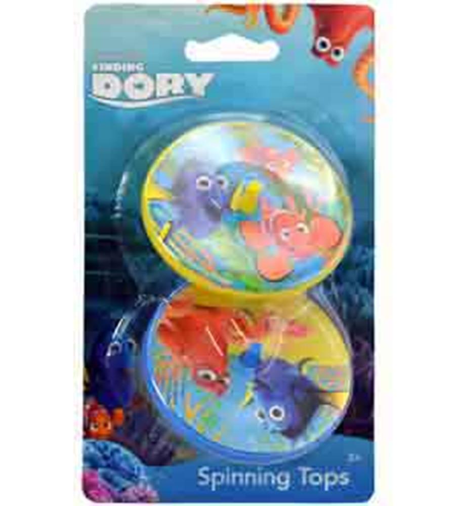 Two colorful plastic spinning tops featuring Finding Dory characters, packaged on blue cardboard with ocean-themed graphics.