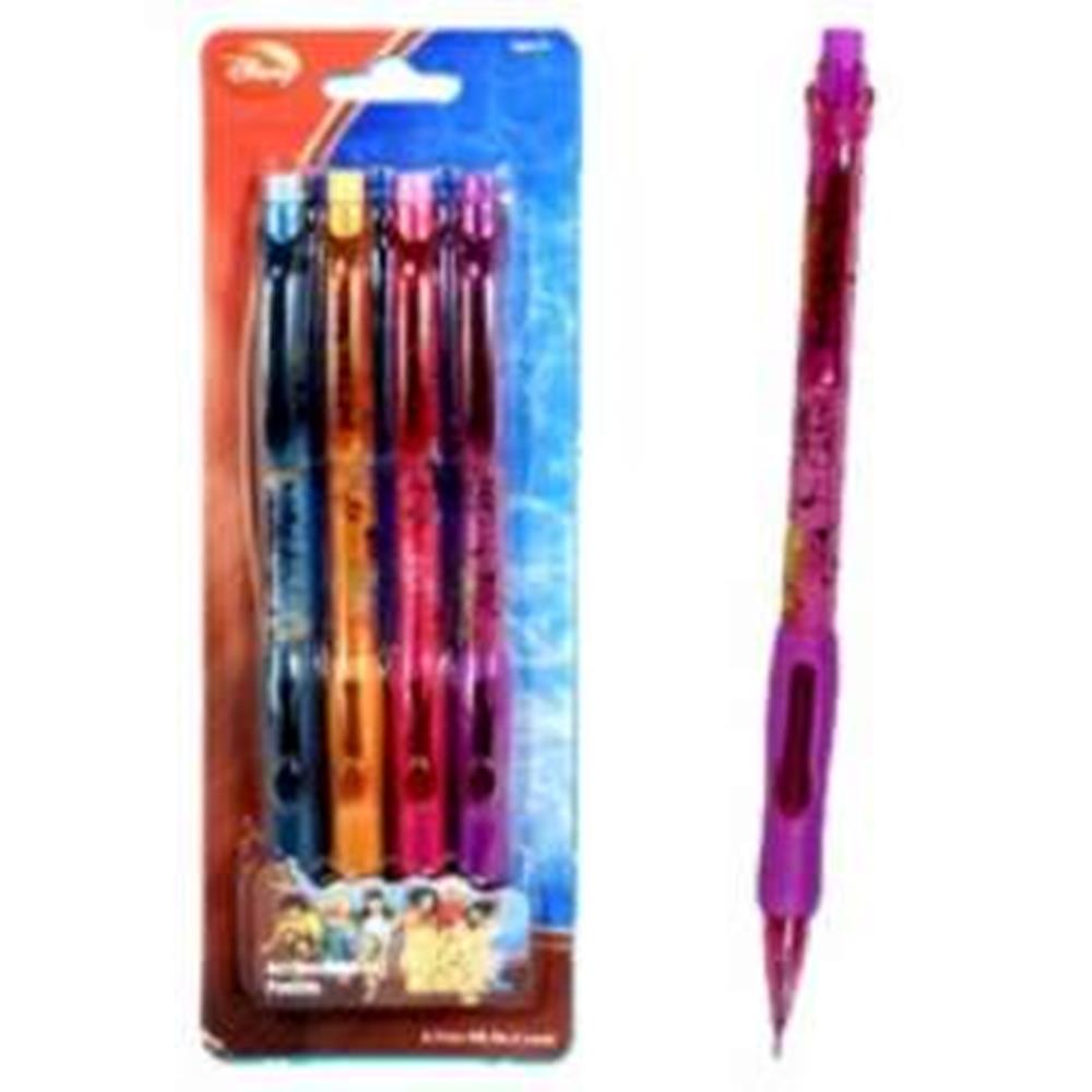 Set of four colorful mechanical pencils featuring High School Musical graphics with pink, orange, blue, and purple barrels.