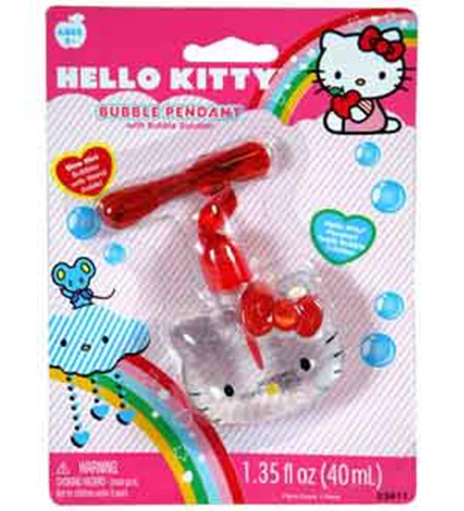Clear Hello Kitty-shaped bubble pendant with red bow and attached red wand on colorful pink background packaging.