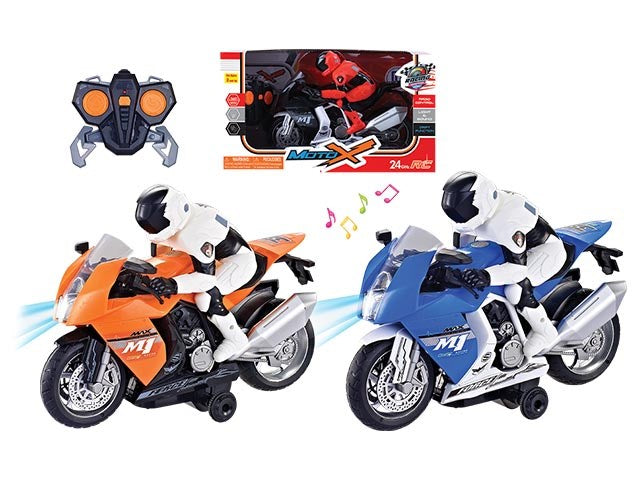 Two battery-operated RC motorcycles in orange and blue with white rider figures, remote control included, music notes.