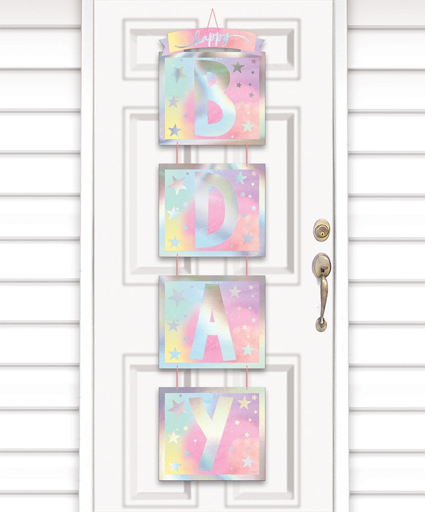 Set of four pastel-colored vertical door decorations spelling "B-D-A-Y" with star patterns and luminous finish.