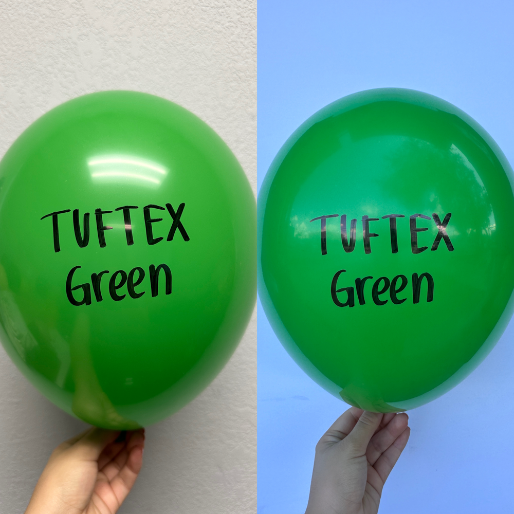 Glossy green latex balloon with "Tuftex Green" printed in black, held against plain backgrounds.