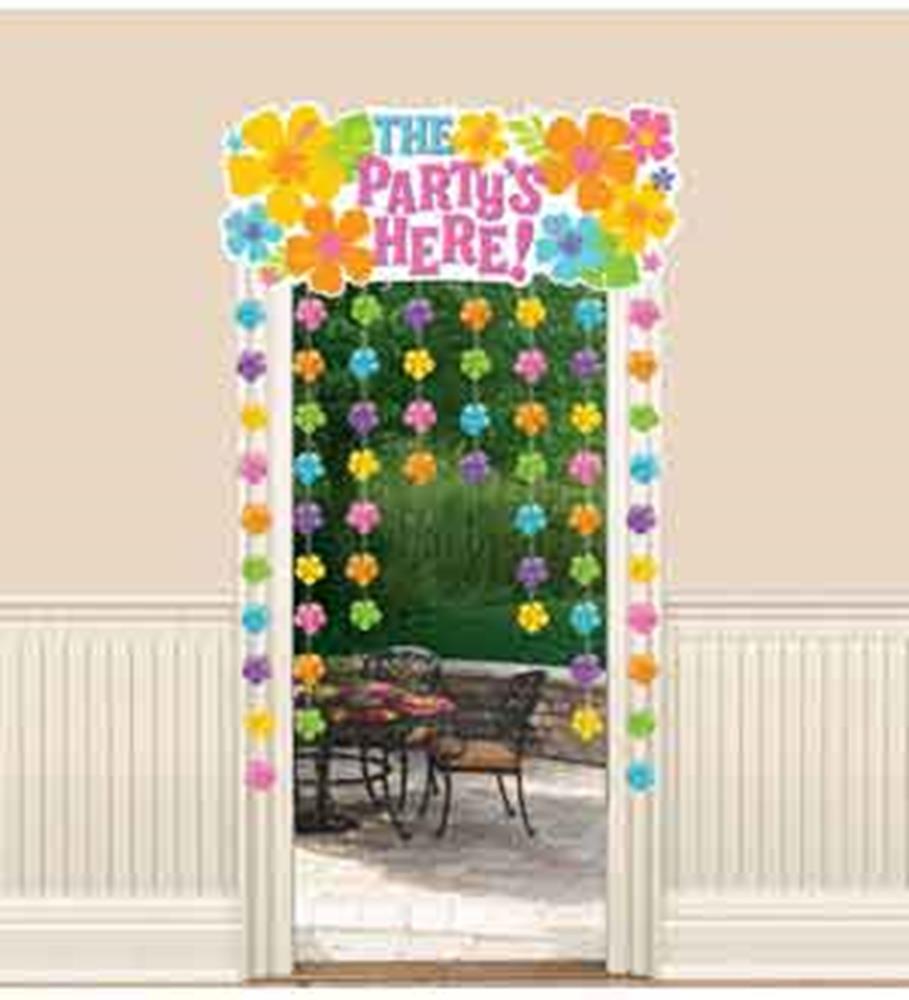 Colorful hibiscus flower door curtain with yellow, pink, orange, and purple flowers and "The Party's Here!" sign at the top.