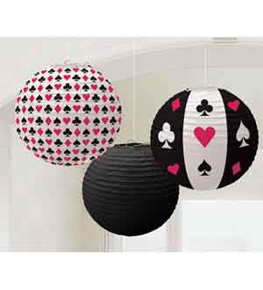 Set of three hanging paper lanterns with black, white, and pink casino suit symbols and solid black design.