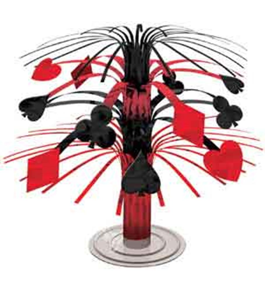 Casino-themed mini centerpiece with red and black playing card suit foil accents on thin wire strands in a red base.