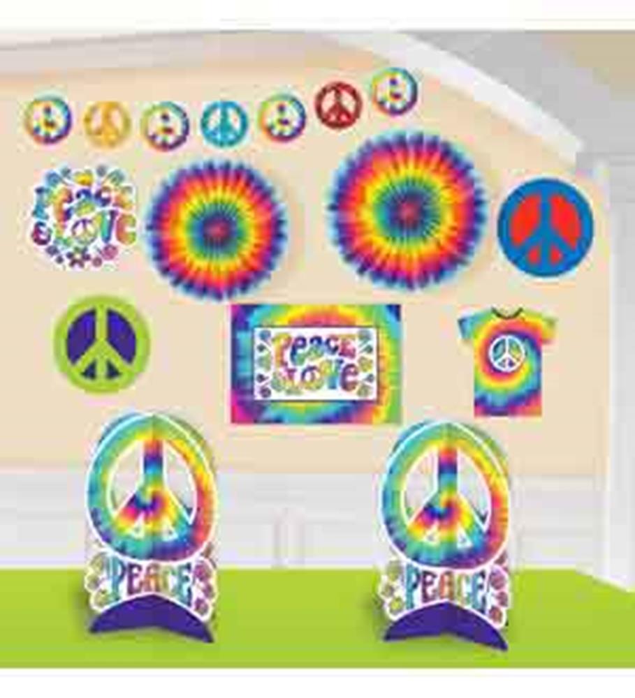 Colorful tie-dye peace signs, "Peace & Love" banners, and circular hanging decorations in vibrant rainbow hues.