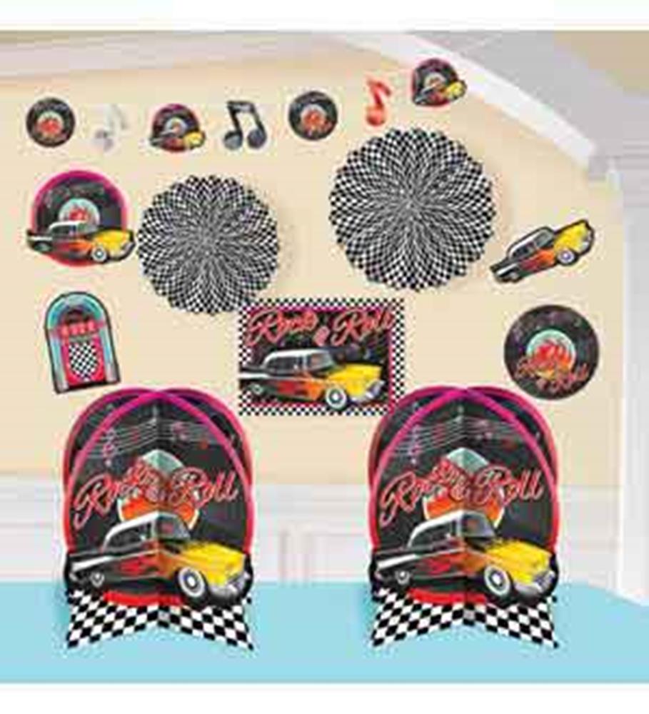 50s diner-themed decorations with vintage cars, jukeboxes, musical notes, and checkered patterns in red, yellow, black, and.