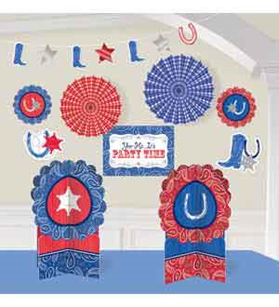 Red and blue paper rosettes, cowboy boot and horseshoe cutouts, and a “Party Time” sign with western motifs.