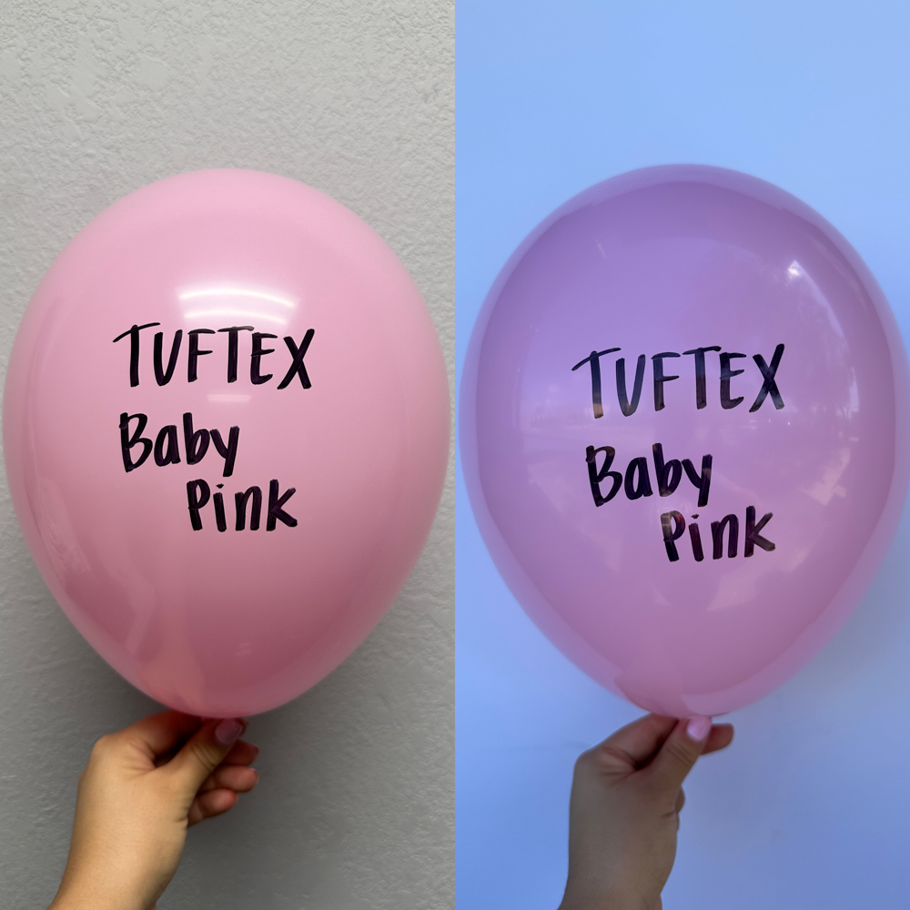 Set of two 24-inch baby pink latex balloons with "TUFTEX Baby Pink" text, held against white and blue backgrounds.