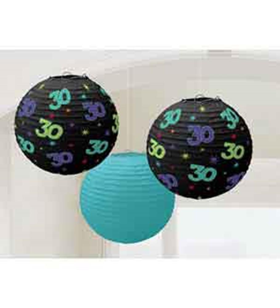 Black paper lanterns with colorful "30" prints and a solid teal blue paper lantern.
