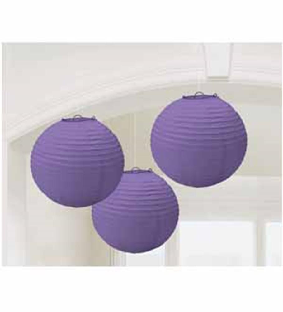 Set of three round purple paper lanterns, each 9 inches in diameter, with ribbed texture and metal frames for hanging.