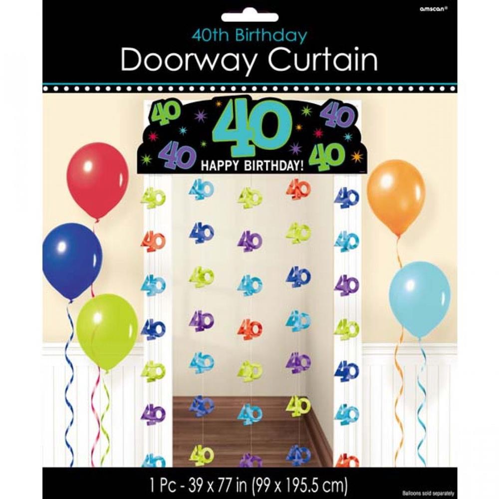 Black doorway curtain decorated with colorful "40" and "Happy Birthday" text and balloons in blue, green, gold, and orange.
