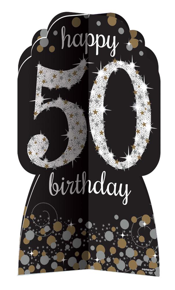Black and gold "Happy 50 birthday" tabletop sign with sparkling confetti design.
