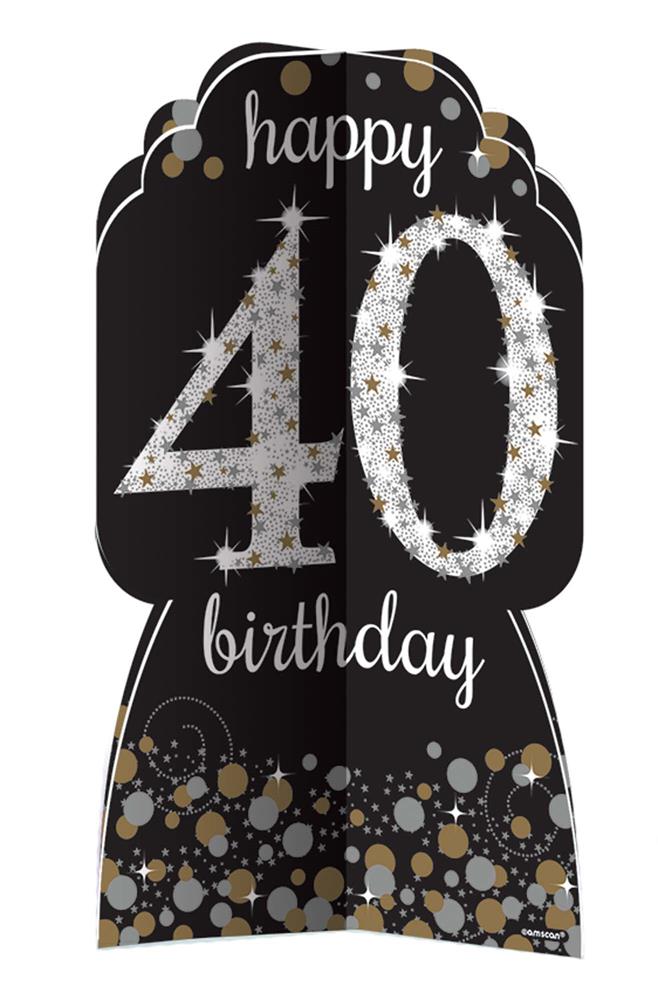 Black "Happy 40 Birthday" sign with silver and gold sparkling confetti design.