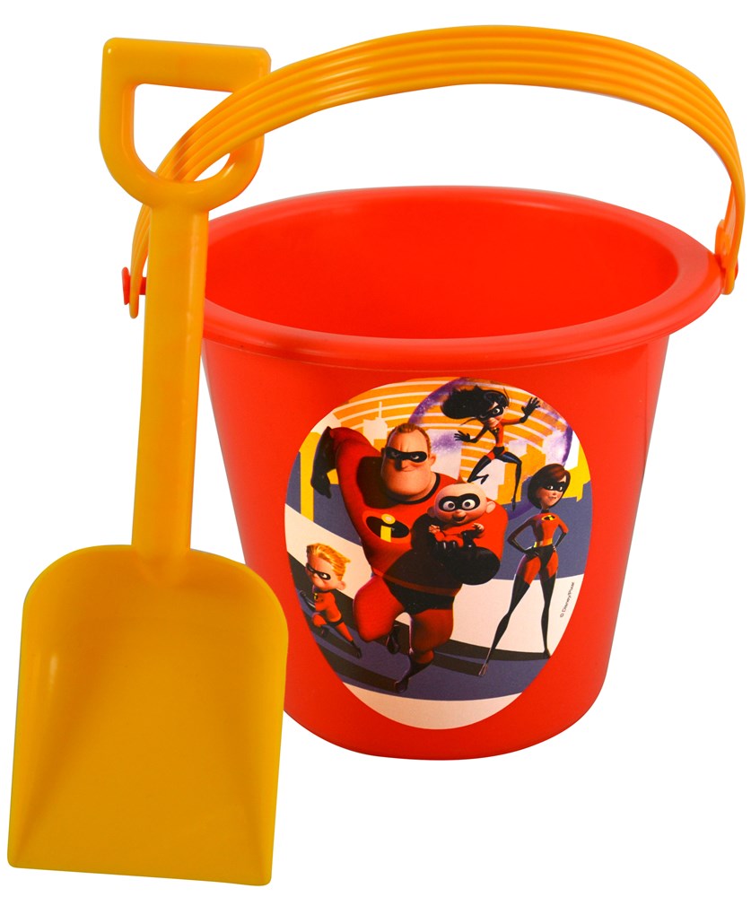 Bright orange plastic sand bucket with yellow handle and matching shovel, featuring Incredibles 2 superhero characters.