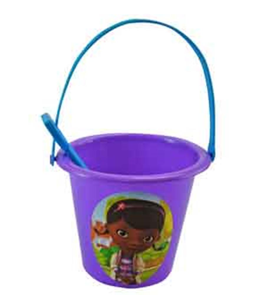 Purple plastic sand bucket with blue handle and matching blue shovel, featuring a colorful Doc McStuffins character decal on
