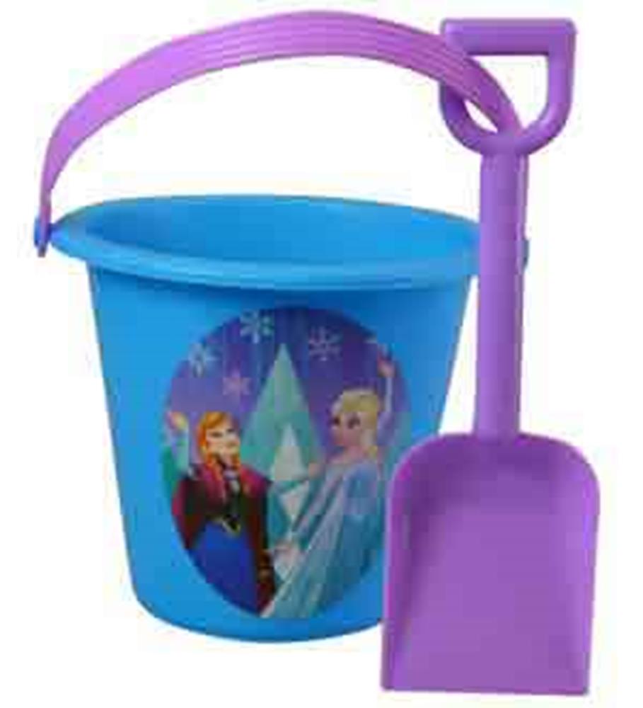 Blue plastic sand bucket with Disney Frozen characters and a purple plastic shovel with a heart-shaped handle.