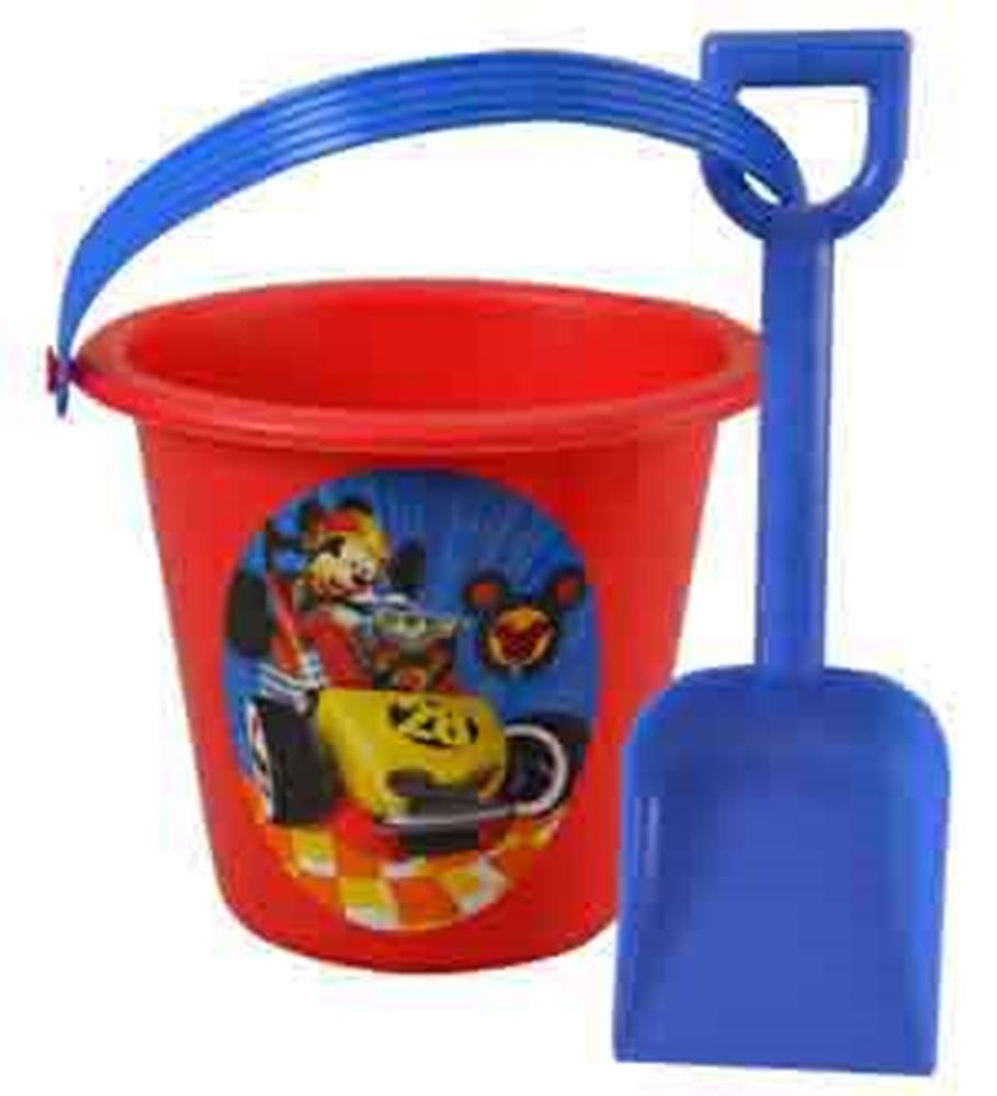 Red plastic sand bucket with blue handle featuring Mickey Mouse and yellow race car, paired with a blue plastic shovel.