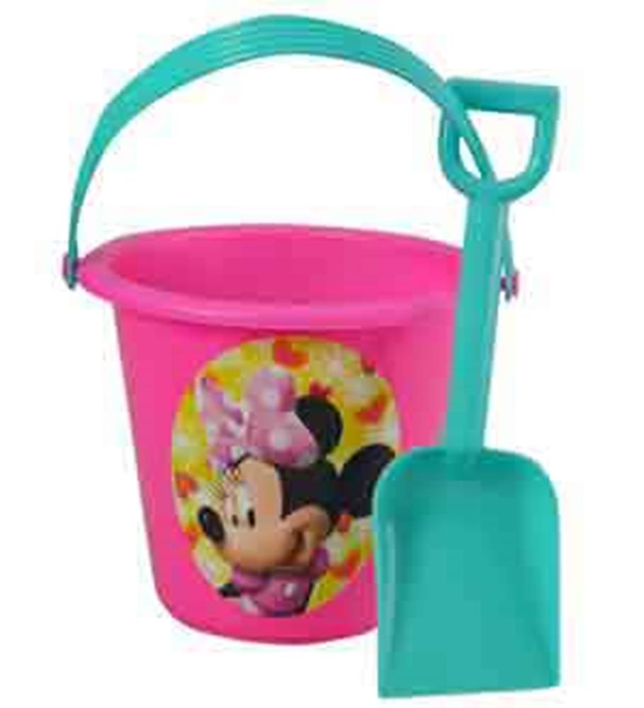 Pink plastic sand bucket with teal handle and matching teal shovel featuring a Minnie Mouse decal.