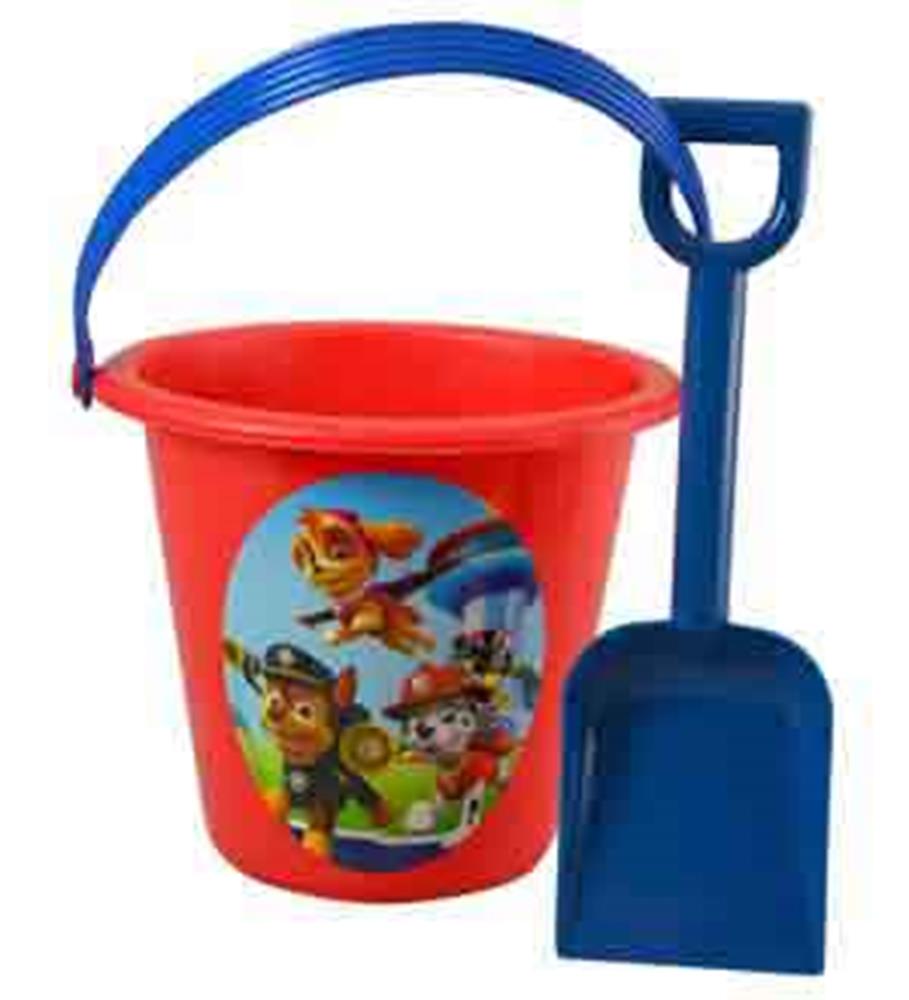Red plastic sand bucket with blue handle featuring Paw Patrol characters, paired with a solid blue plastic shovel.
