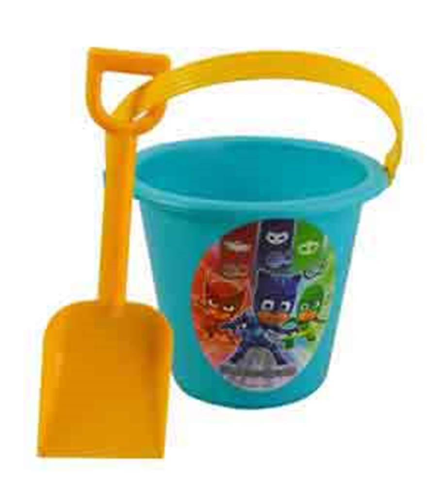 Blue plastic sand bucket with yellow handle and matching shovel featuring PJ Masks characters sticker.