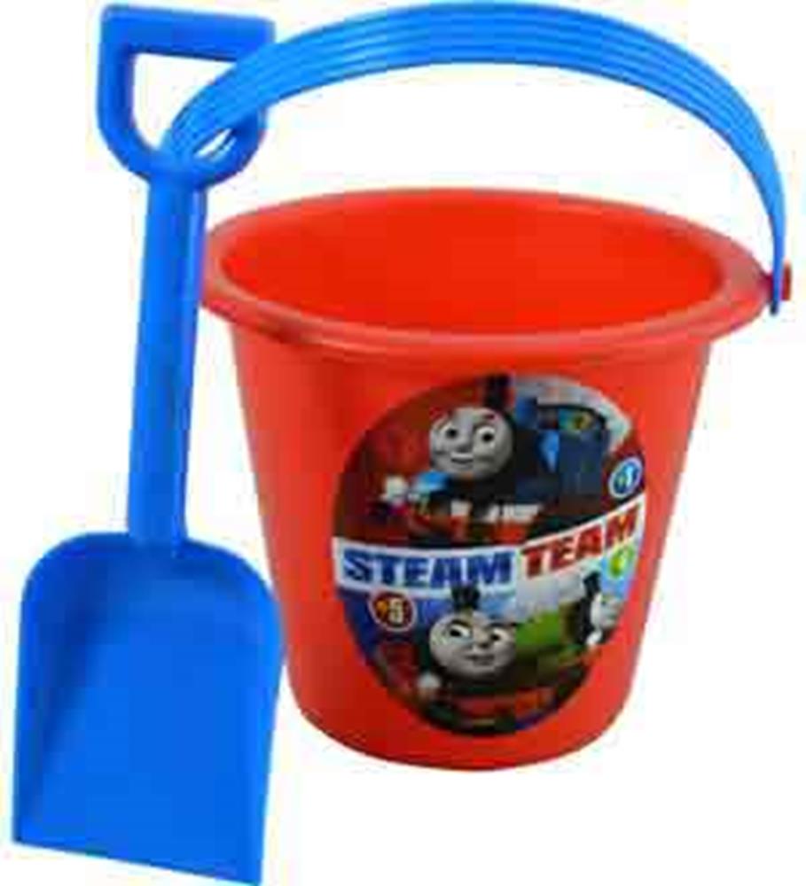 Red plastic sand bucket with blue handle and matching blue shovel featuring Thomas the Tank Engine decal.