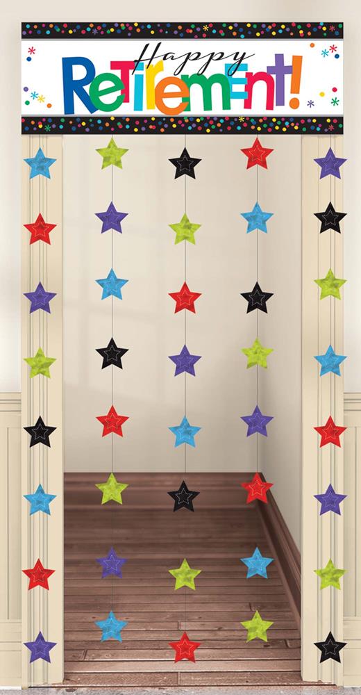 Colorful retirement-themed curtain for doorways with "Happy Retirement!" banner and hanging star decorations.