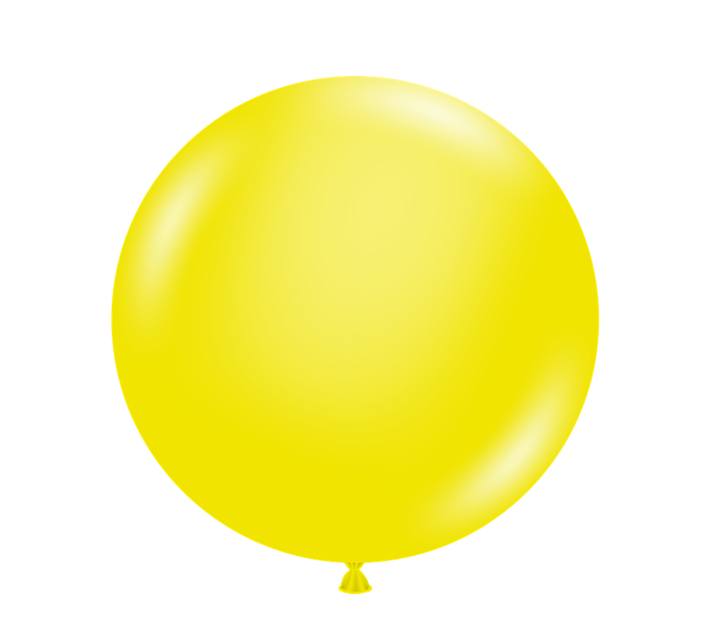 Large round 24-inch transparent yellow latex balloon with glossy finish and tied end.