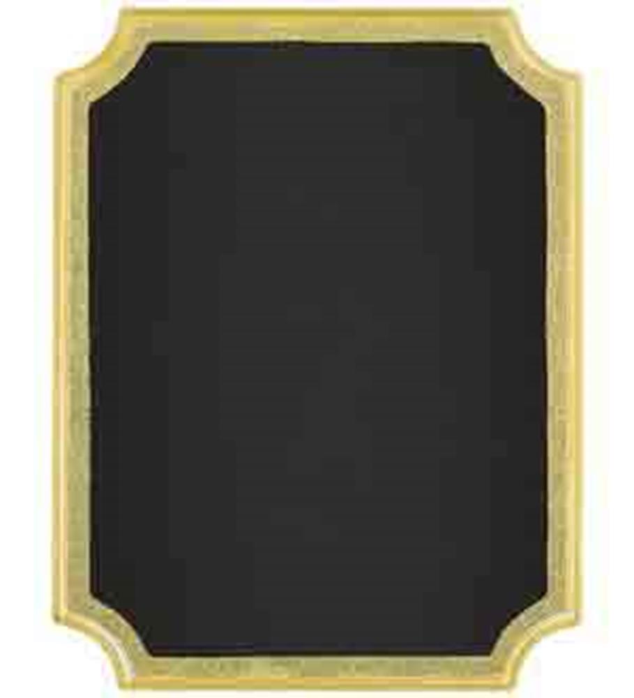 Black rectangular easel sign with scalloped gold glitter border on a stand.