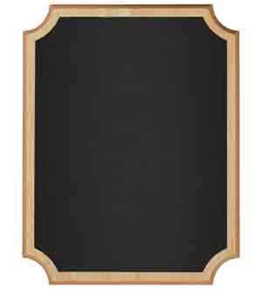 Black rectangular chalkboard with curved wooden frame easel in natural light wood finish.