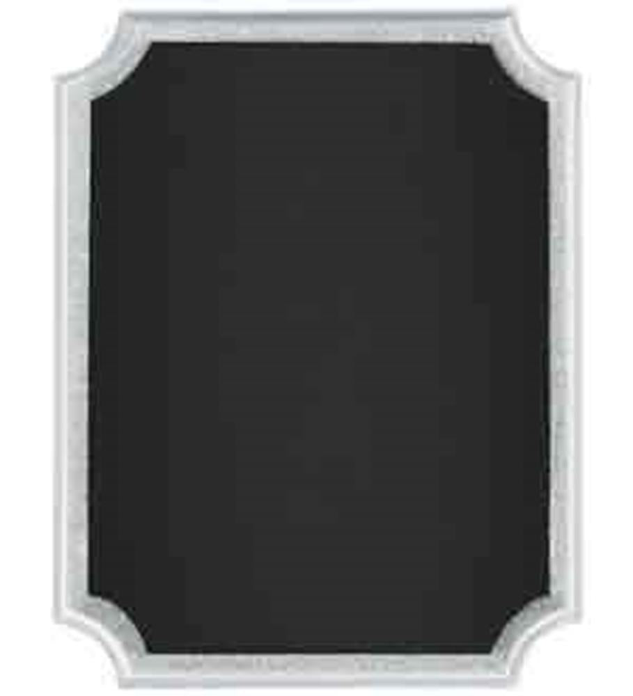 Rectangular black chalkboard with a decorative silver glitter frame and scalloped corners.