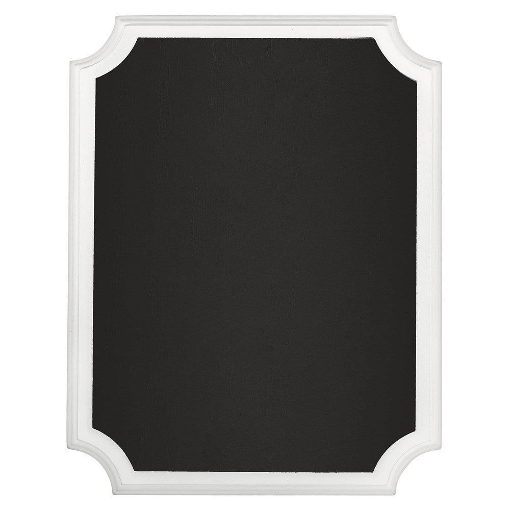 Black chalkboard with a white wooden frame featuring curved corner accents, rectangular easel sign.