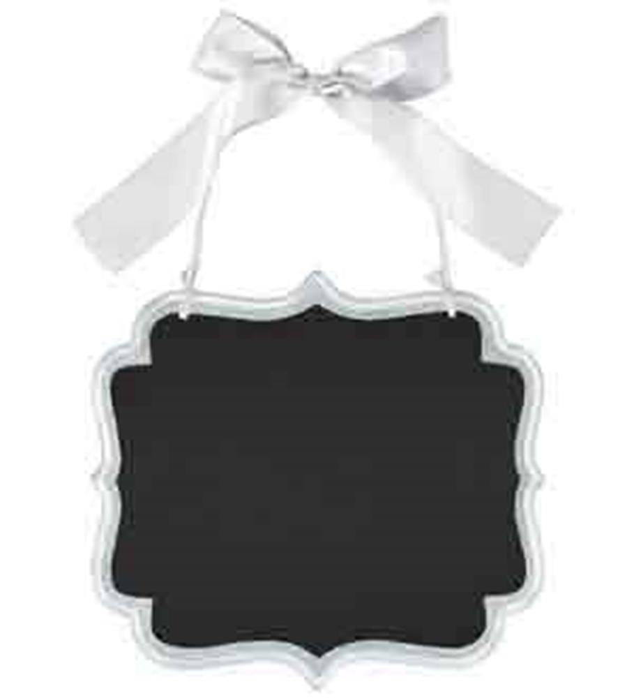 Black chalkboard sign with glittery silver scalloped frame and white ribbon hanger bow.