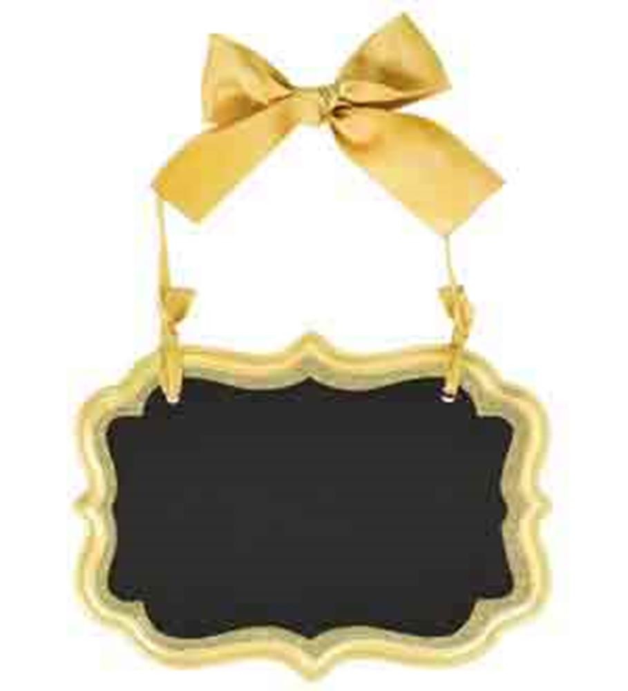 Small rectangular chalkboard sign with scalloped gold glitter frame and gold ribbon bow hanger.