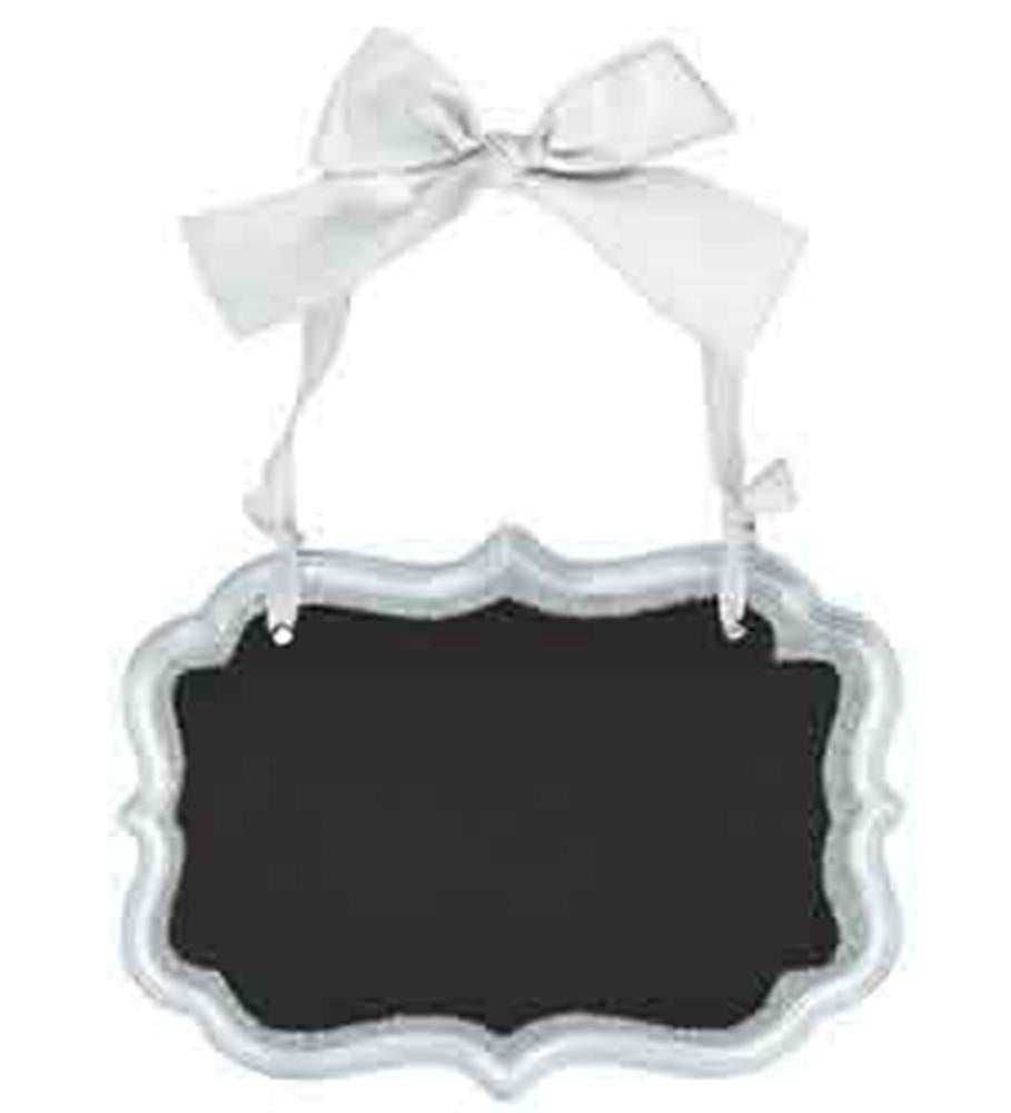 Small rectangular wedding marquee sign with scalloped glitter silver frame and black center, hanging by white ribbon bow.