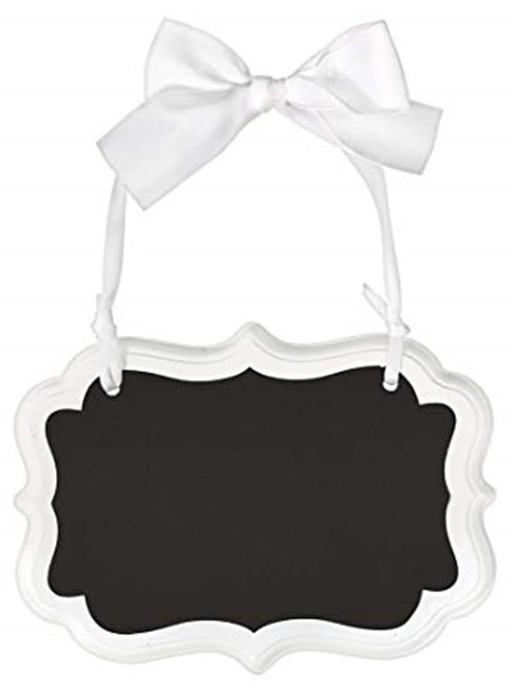 White decorative marquee sign with scalloped edges and black writable surface, hanging by white ribbon bow.
