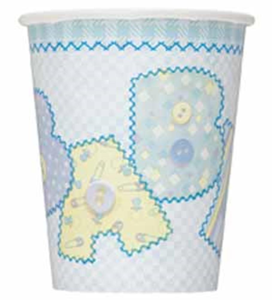 Baby blue paper cup with quilted pattern and stitched pastel patchwork designs including buttons, 9oz size.