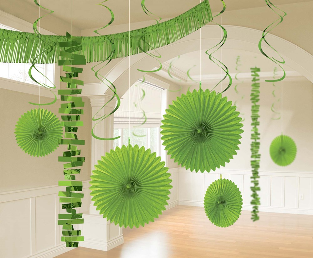 Green hanging paper fans, spirals, and fringe garland in a bright, kiwi green party decoration set.