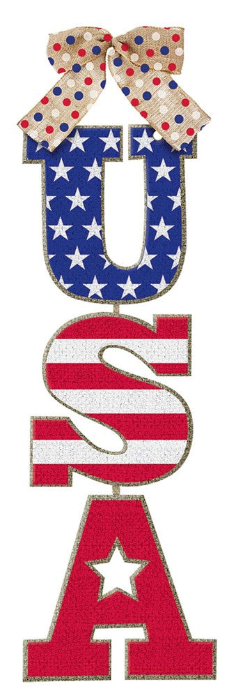 Vertical hanging sign spelling "USA" with stars on blue background for "U", red and white stripes on "S", and solid red with