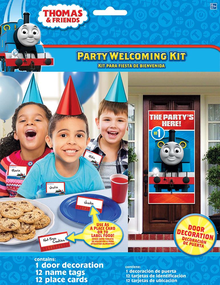 Thomas & Friends door decoration with Thomas train design, red and blue welcome banner, and 16 colorful name tags with.