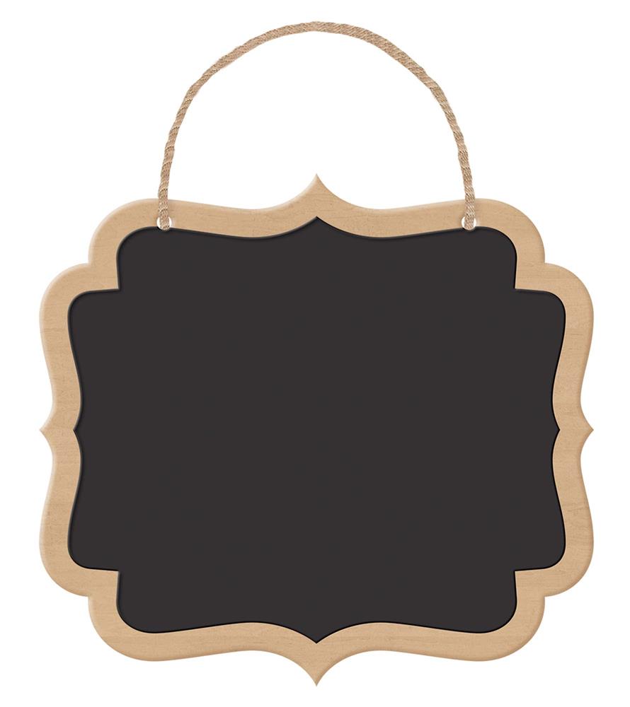 Wood chalkboard marquee sign with scalloped edges and natural wood frame, hanging by jute rope handle.