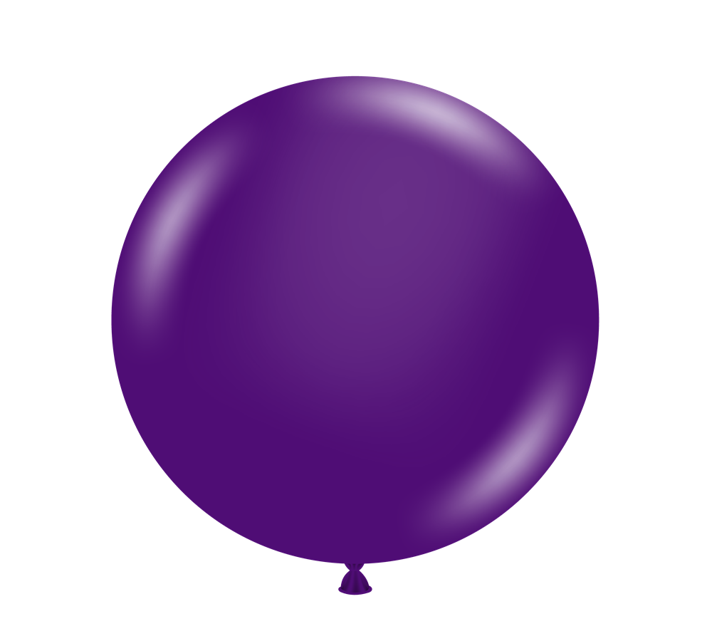 Large round purple latex balloon inflated to smooth, glossy finish with tied end at bottom.
