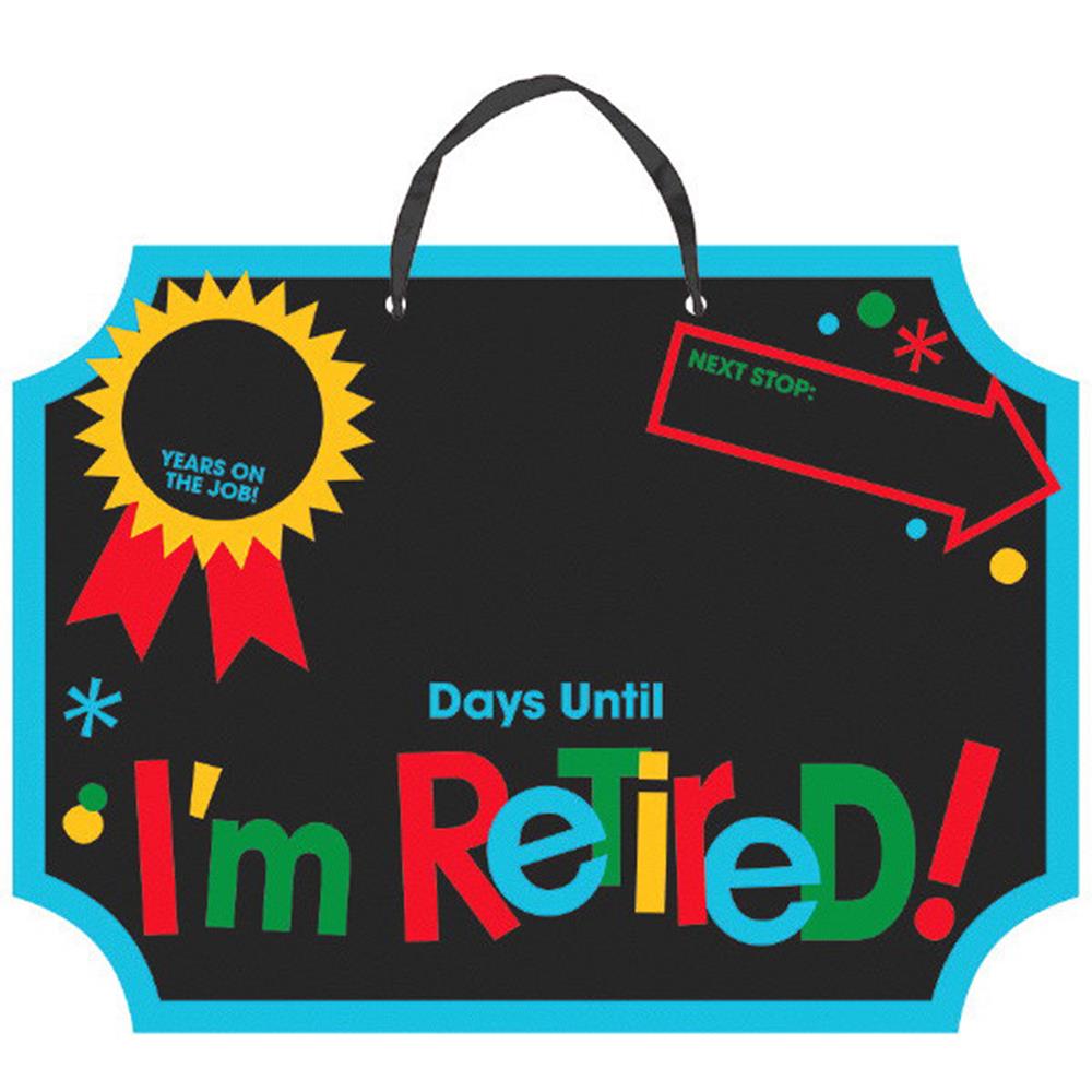 Black rectangular countdown chalkboard with colorful "I'm Retired!" text, red arrow, and blue-trimmed edges.